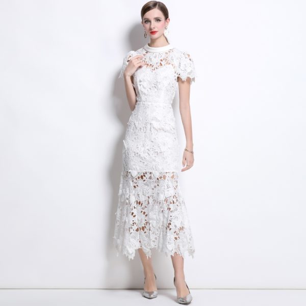 Round neck short sleeve lace temperament high collar dress - Image 3