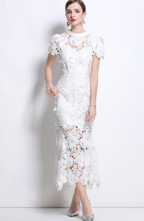 Round neck short sleeve lace temperament high collar dress - Image 5
