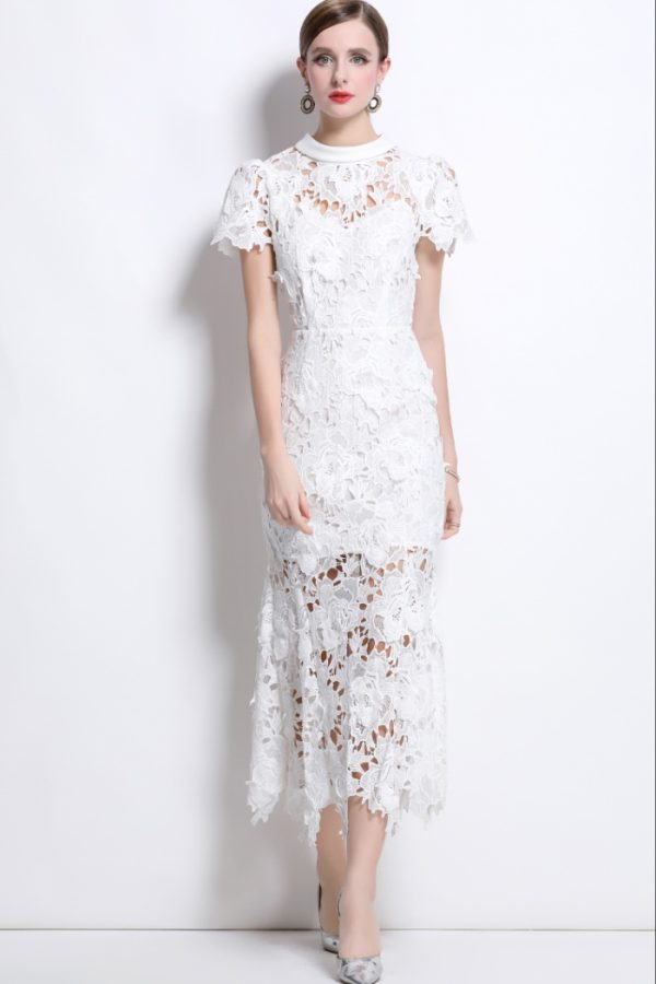 Round neck short sleeve lace temperament high collar dress - Image 6