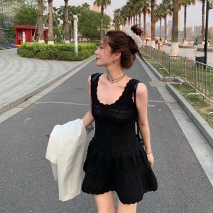 Pinched waist sleeveless dress knitted sling vest for women