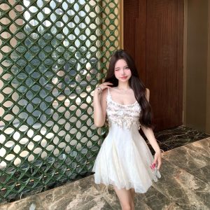 Sling pinched waist sexy floral France style dress