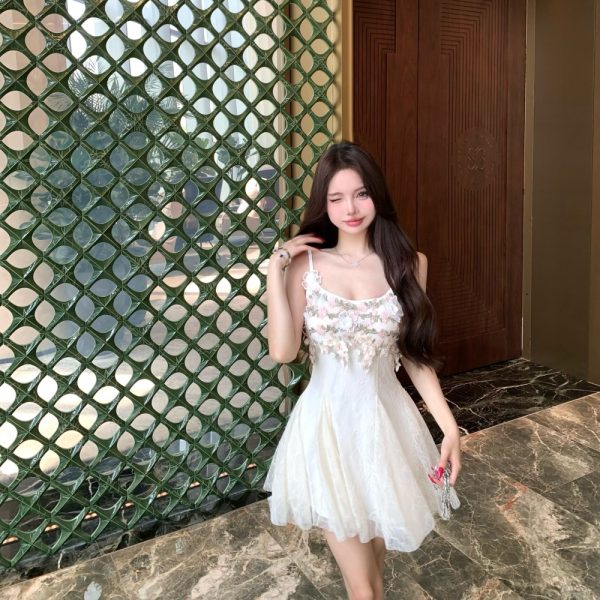Sling pinched waist sexy floral France style dress