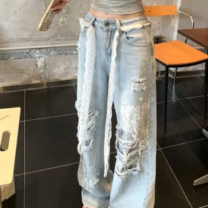 Lace rhinestone jeans holes wide leg pants for women