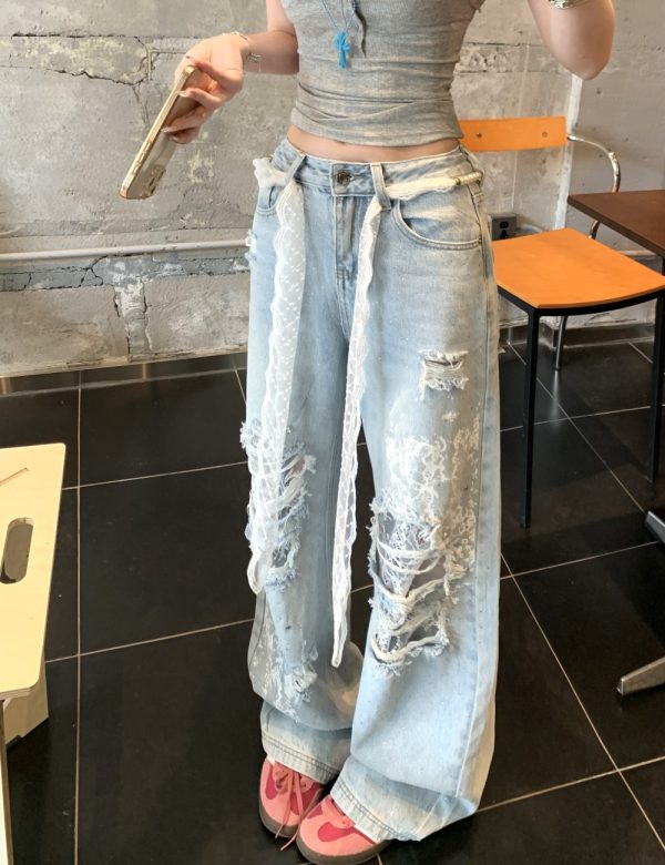 Lace rhinestone jeans holes wide leg pants for women