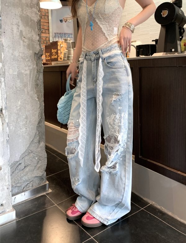 Lace rhinestone jeans holes wide leg pants for women - Image 2