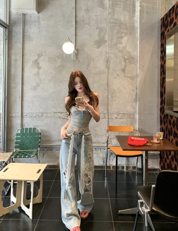 Lace rhinestone jeans holes wide leg pants for women - Image 3
