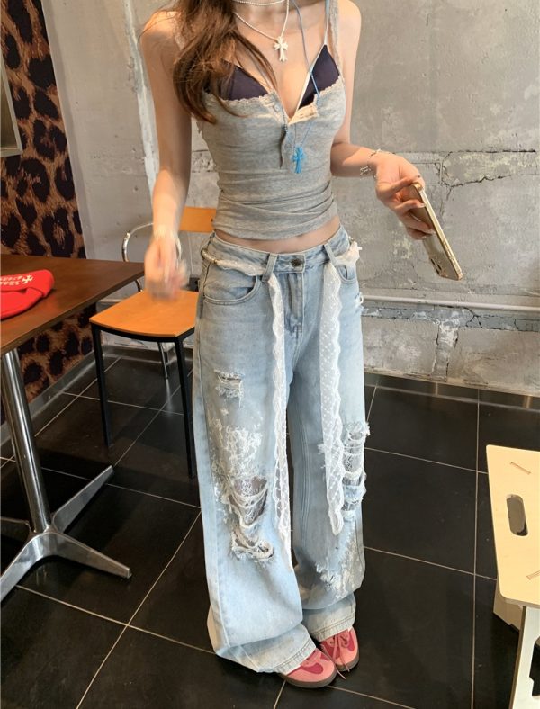 Lace rhinestone jeans holes wide leg pants for women - Image 5