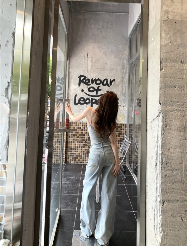 Lace rhinestone jeans holes wide leg pants for women - Image 7