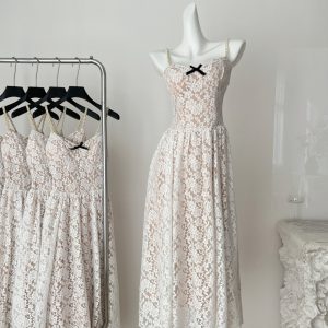 Elegant lace pinched waist dress sling long T-back