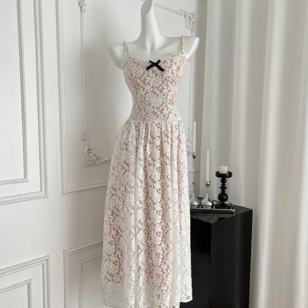 Elegant lace pinched waist dress sling long T-back - Image 2