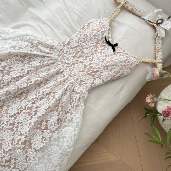 Elegant lace pinched waist dress sling long T-back - Image 6