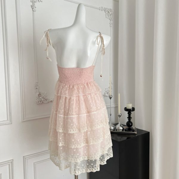 Summer pink sling seaside vacation cake lace dress - Image 3