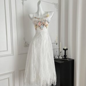 Spring white France style long dress seaside sling dress