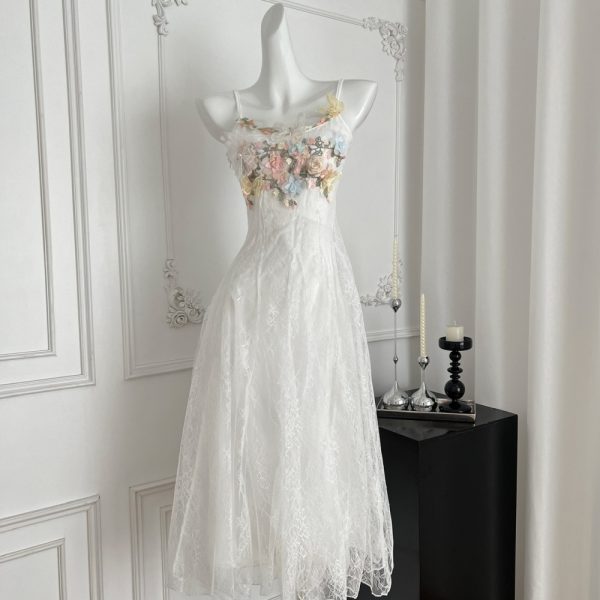 Spring white France style long dress seaside sling dress
