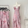 Floral spring dress pinched waist long dress for women