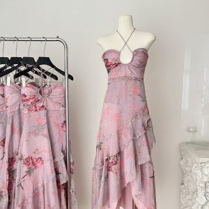 Floral spring dress pinched waist long dress for women