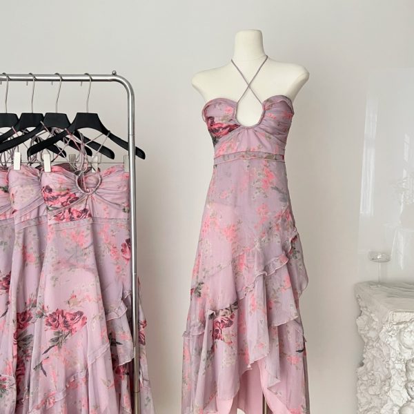 Floral spring dress pinched waist long dress for women