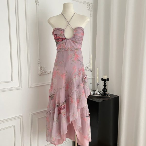 Floral spring dress pinched waist long dress for women - Image 2