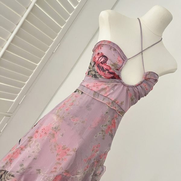 Floral spring dress pinched waist long dress for women - Image 3