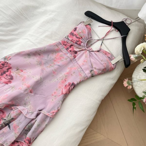 Floral spring dress pinched waist long dress for women - Image 6