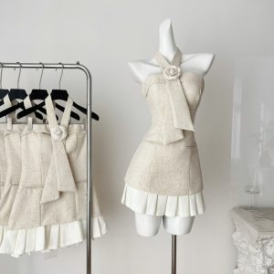 Pleated wrapped chest scarves flowers chanelstyle dress