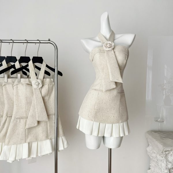 Pleated wrapped chest scarves flowers chanelstyle dress