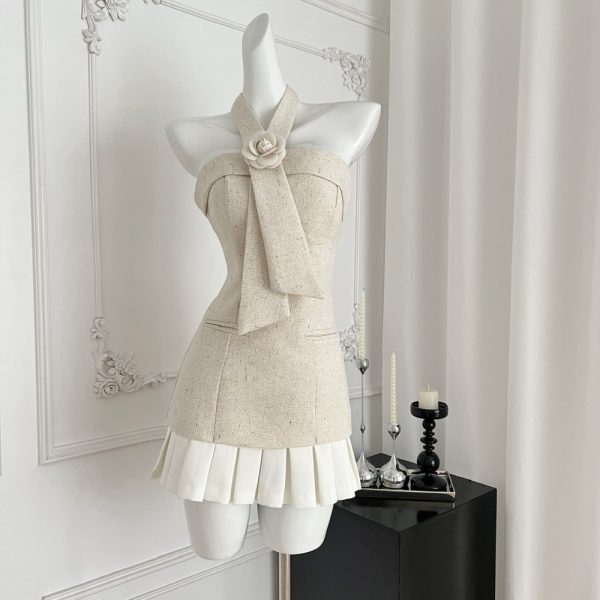 Pleated wrapped chest scarves flowers chanelstyle dress - Image 2