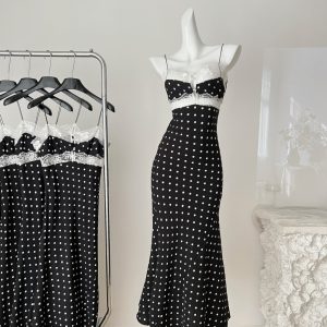 Enticement hollow dress pinched waist lace long dress