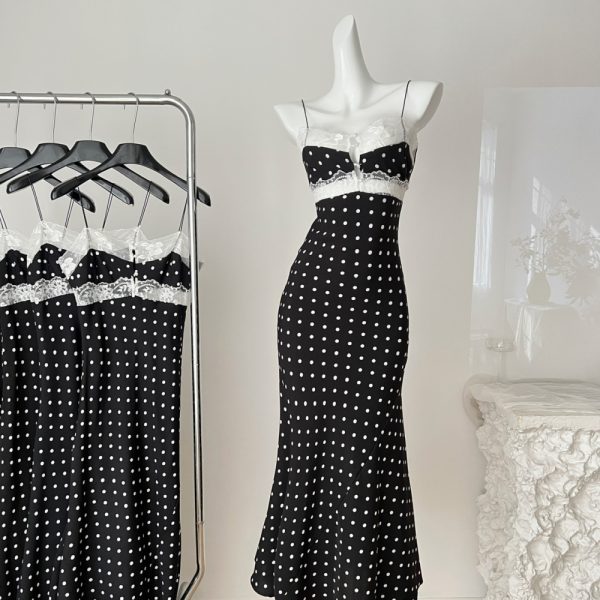 Enticement hollow dress pinched waist lace long dress