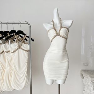 Gauze halter slim jumpsuit mixed colors sexy ribbon T-back