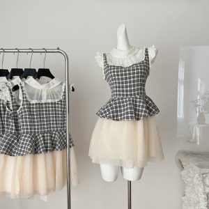 Multilayer maiden slim niche plaid splice gauze dress