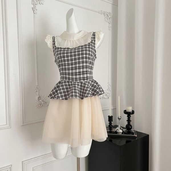 Multilayer maiden slim niche plaid splice gauze dress - Image 2