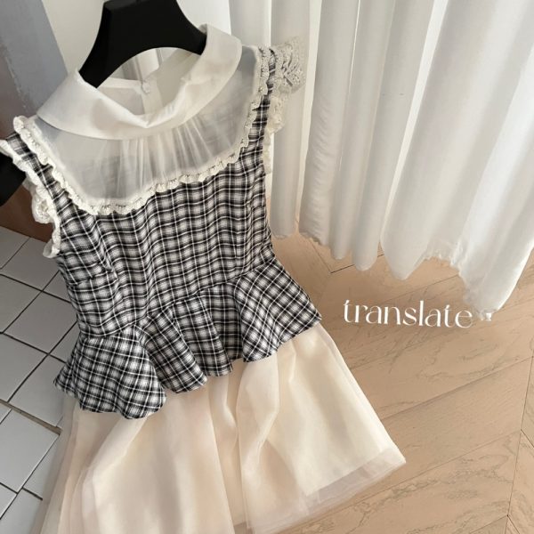 Multilayer maiden slim niche plaid splice gauze dress - Image 4