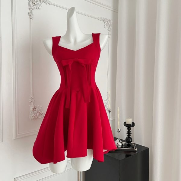 Bow skirt hem lady dress pinched waist sleeveless dress - Image 6