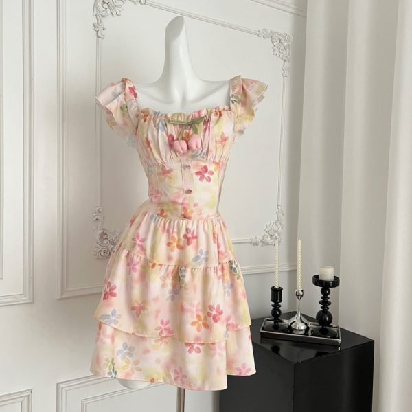 Square collar rainbow boats sleeve sling long dress for women - Image 2