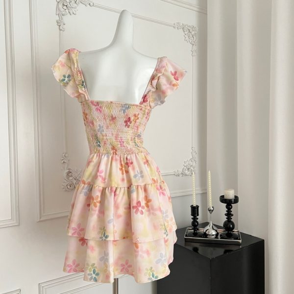 Square collar rainbow boats sleeve sling long dress for women - Image 3