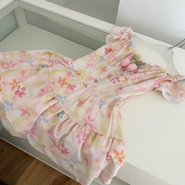 Square collar rainbow boats sleeve sling long dress for women - Image 4