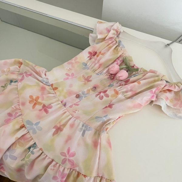 Square collar rainbow boats sleeve sling long dress for women - Image 6